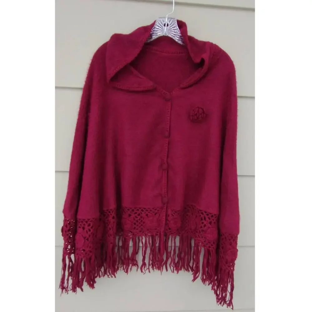Alpaca Peru Diana Poncho Cloak Cape Crochet Fringe Brushed Rustic Burgundy O/S